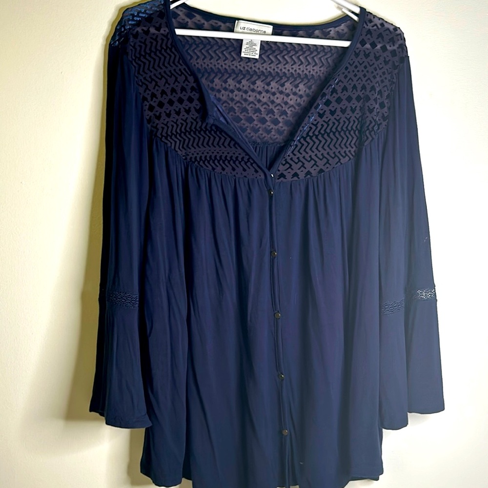 Liz Claiborne long sleeves size L boho peasant button flowing sleeves navy blue